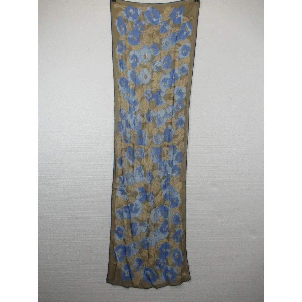 Vintage 60s Vera Neumann Silk Chiffon Scarf Floral Sheer Blue/Brown Rectangle
